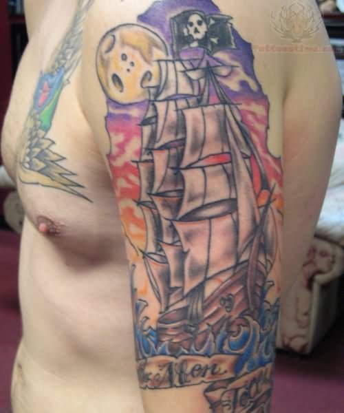 Jolly Roger Pirate Ship Tattoo On Half Sleeve